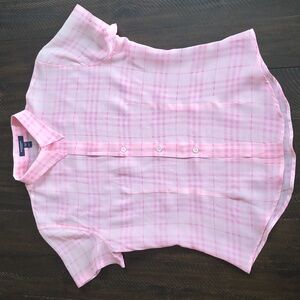 Authentic Burberry Pink Plaid Short Sleeve Silk Sheer Fitted Buttoned Top, Sz 12
